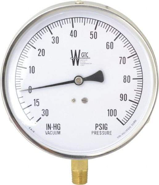 WGTC - 4-1/2" Dial, 1/4 Thread, 30-0-100 Scale Range, Pressure Gauge - Lower Connection Mount, Accurate to 1% of Scale - USA Tool & Supply