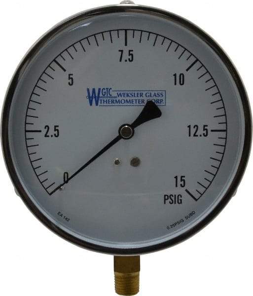 WGTC - 4-1/2" Dial, 1/4 Thread, 0-15 Scale Range, Pressure Gauge - Lower Connection Mount, Accurate to 1% of Scale - USA Tool & Supply