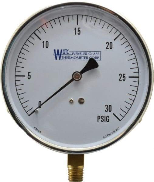WGTC - 4-1/2" Dial, 1/4 Thread, 0-30 Scale Range, Pressure Gauge - Lower Connection Mount, Accurate to 1% of Scale - USA Tool & Supply