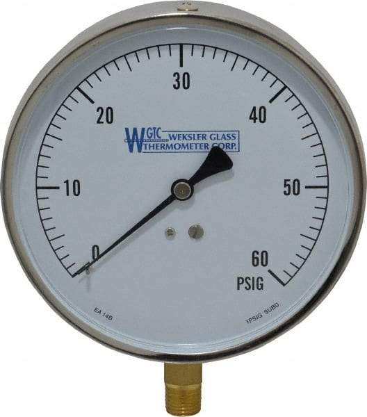 WGTC - 4-1/2" Dial, 1/4 Thread, 0-60 Scale Range, Pressure Gauge - Lower Connection Mount, Accurate to 1% of Scale - USA Tool & Supply