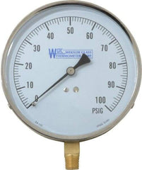 WGTC - 4-1/2" Dial, 1/4 Thread, 0-100 Scale Range, Pressure Gauge - Lower Connection Mount, Accurate to 1% of Scale - USA Tool & Supply