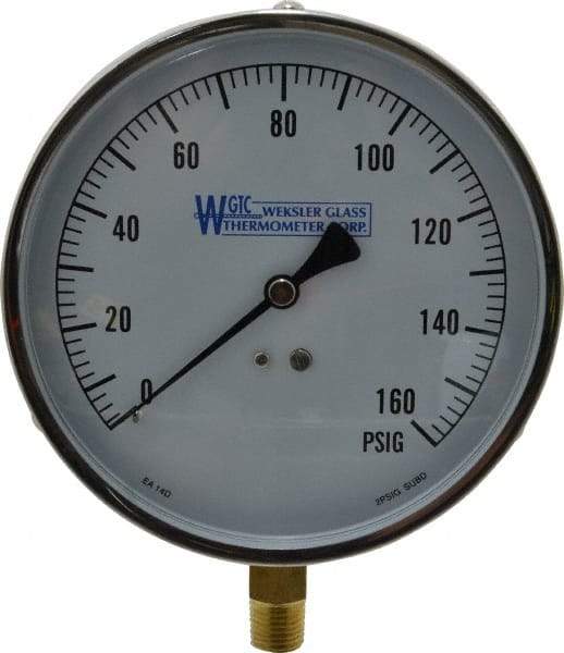 WGTC - 4-1/2" Dial, 1/4 Thread, 0-160 Scale Range, Pressure Gauge - Lower Connection Mount, Accurate to 1% of Scale - USA Tool & Supply