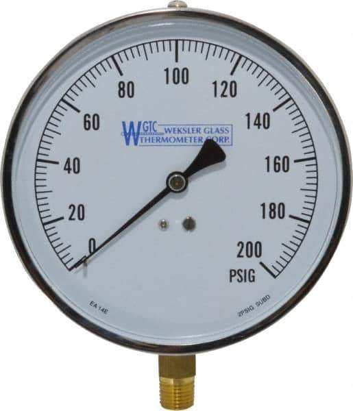 WGTC - 4-1/2" Dial, 1/4 Thread, 0-200 Scale Range, Pressure Gauge - Lower Connection Mount, Accurate to 1% of Scale - USA Tool & Supply