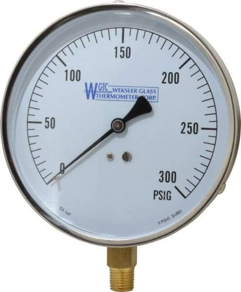 WGTC - 4-1/2" Dial, 1/4 Thread, 0-300 Scale Range, Pressure Gauge - Lower Connection Mount, Accurate to 1% of Scale - USA Tool & Supply
