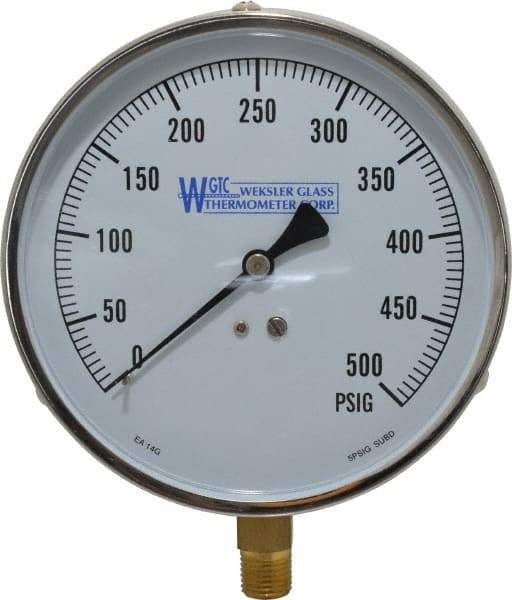 WGTC - 4-1/2" Dial, 1/4 Thread, 0-500 Scale Range, Pressure Gauge - Lower Connection Mount, Accurate to 1% of Scale - USA Tool & Supply