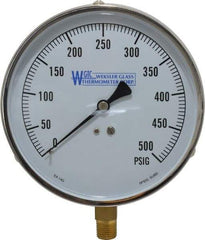 WGTC - 4-1/2" Dial, 1/4 Thread, 0-500 Scale Range, Pressure Gauge - Lower Connection Mount, Accurate to 1% of Scale - USA Tool & Supply