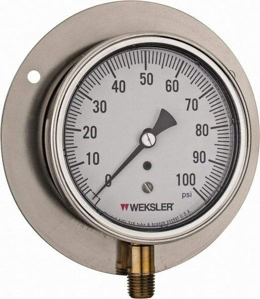 Made in USA - 3-1/2" Dial, 1/4 Thread, 0-100 Scale Range, Pressure Gauge - Lower Connection Mount, Accurate to 1% of Scale - USA Tool & Supply
