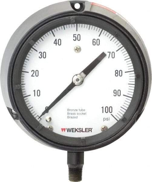 Made in USA - 4-1/2" Dial, 1/4 Thread, 0-100 Scale Range, Pressure Gauge - Lower Connection Mount, Accurate to 1% of Scale - USA Tool & Supply