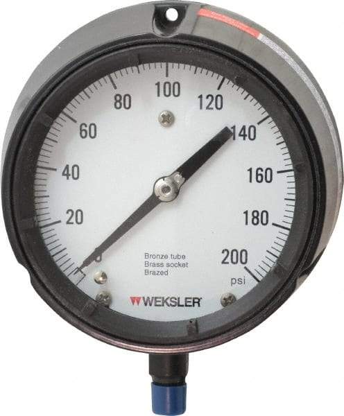 Made in USA - 4-1/2" Dial, 1/4 Thread, 0-200 Scale Range, Pressure Gauge - Lower Connection Mount, Accurate to 1% of Scale - USA Tool & Supply