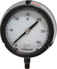 Made in USA - 4-1/2" Dial, 1/4 Thread, 0-300 Scale Range, Pressure Gauge - Lower Connection Mount, Accurate to 1% of Scale - USA Tool & Supply