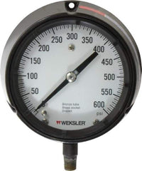 Made in USA - 4-1/2" Dial, 1/4 Thread, 0-600 Scale Range, Pressure Gauge - Lower Connection Mount, Accurate to 1% of Scale - USA Tool & Supply