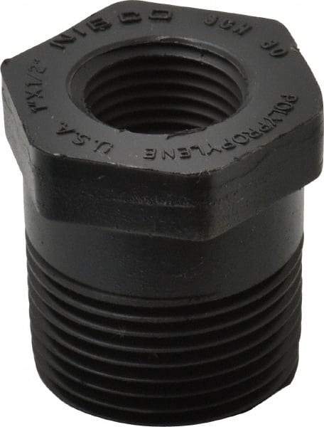 NIBCO - 1 x 1/2" Polypropylene Plastic Pipe Flush Reducer Bushing - Schedule 80, MPT x FPT End Connections - USA Tool & Supply