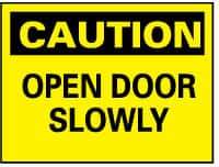 NMC - Caution - Open Door Slowly, Rigid Plastic Fire and Exit Sign - 14" Wide x 10" High - USA Tool & Supply