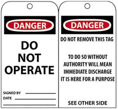 NMC - 3" High x 6" Long, DANGER - DO NOT OPERATE, English Safety & Facility Accident Prevention Tag - Tag Header: Danger, 2 Sides, Black, Red & White Unrippable Vinyl - USA Tool & Supply
