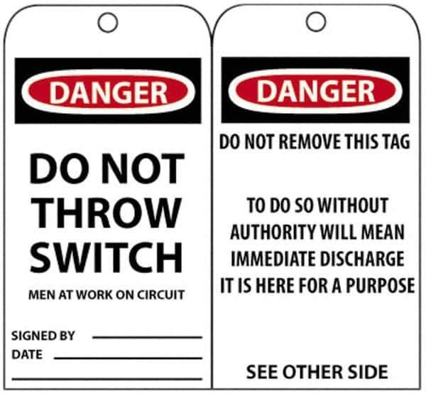 NMC - 3" High x 6" Long, DANGER - DO NOT THROW SWITCH, English Safety & Facility Accident Prevention Tag - Tag Header: Danger, 2 Sides, Black, Red & White Unrippable Vinyl - USA Tool & Supply