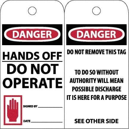 NMC - 3" High x 6" Long, DANGER - HANDS OFF - DO NOT OPERATE, English Safety & Facility Accident Prevention Tag - Tag Header: Danger, 2 Sides, Black, Red & White Unrippable Vinyl - USA Tool & Supply