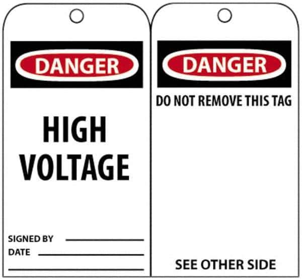 NMC - 3" High x 6" Long, DANGER - HIGH VOLTAGE, English Safety & Facility Accident Prevention Tag - Tag Header: Danger, 2 Sides, Black, Red & White Unrippable Vinyl - USA Tool & Supply