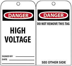NMC - 3" High x 6" Long, DANGER - HIGH VOLTAGE, English Safety & Facility Accident Prevention Tag - Tag Header: Danger, 2 Sides, Black, Red & White Unrippable Vinyl - USA Tool & Supply
