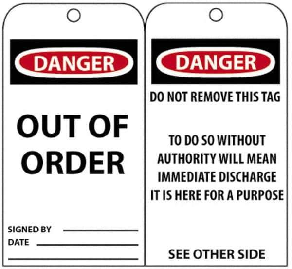 NMC - 3" High x 6" Long, DANGER - OUT OF ORDER, English Safety & Facility Accident Prevention Tag - Tag Header: Danger, 2 Sides, Black, Red & White Unrippable Vinyl - USA Tool & Supply