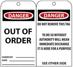 NMC - 3" High x 6" Long, DANGER - OUT OF ORDER, English Safety & Facility Accident Prevention Tag - Tag Header: Danger, 2 Sides, Black, Red & White Unrippable Vinyl - USA Tool & Supply