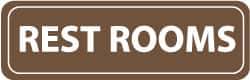 NMC - Rest Rooms, 11" Wide x 3.5" High, Acrylic Sign - English, White on Brown, Wall Mount - USA Tool & Supply