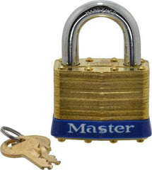 Master Lock - 1" Shackle Clearance, Keyed Alike Laminated Brass Padlock - 3/8" Shackle Diam, Brass - USA Tool & Supply