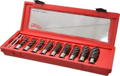 Milwaukee Tool - 9 Piece, 1/2 to 15/16" Cutter Diam, 2" Cutting Depth, Steel Annular Cutter Set - Bright Finish, 3/4" Shank Diam, 1/2", 9/16", 5/8", 11/16", 3/4", 13/16", 7/8", 15/16", 1-1/16" Cutter Diams, 2 Flats on Shank - USA Tool & Supply