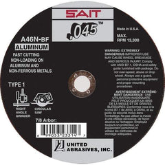 Sait - 4-1/2" 46 Grit Aluminum Oxide Cutoff Wheel - 0.045" Thick, 7/8" Arbor, 13,300 Max RPM, Use with Angle Grinders - USA Tool & Supply