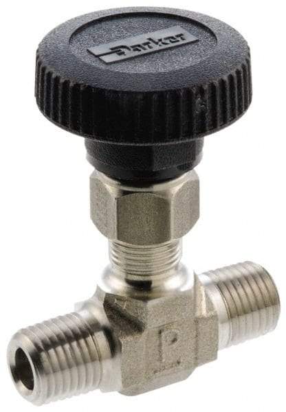 Parker - 5,000 Max psi, 3/8" Pipe, 316 Grade Stainless Steel, Inline Instrumentation Needle Valve - MNPT x MNPT End Connections - USA Tool & Supply
