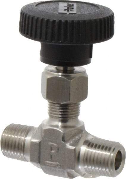 Parker - 5,000 Max psi, 1/4" Pipe, 316 Grade Stainless Steel, Inline Instrumentation Needle Valve - MNPT x MNPT End Connections - USA Tool & Supply