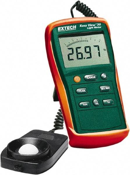 Extech - AAA Batteries, 40 to 40,000 FC, LCD Display, Silicone Photodiode Light Meter - 3 Accuracy, Compatible with All Visible Light Lighting, Built In Memory - USA Tool & Supply