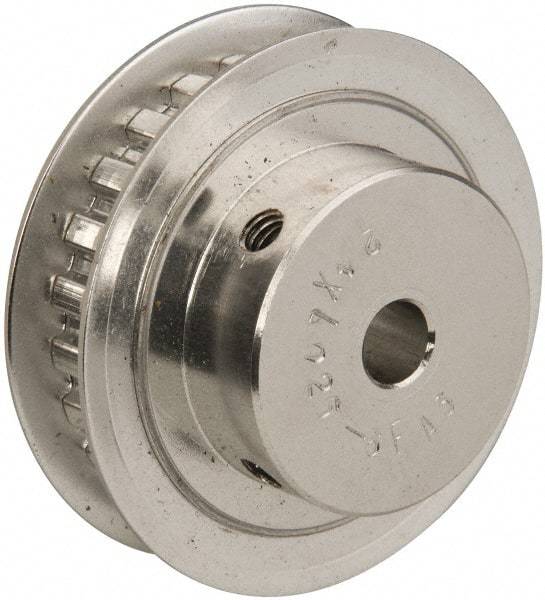 Power Drive - 24 Tooth, 1/4" Inside x 1.508" Outside Diam, Hub & Flange Timing Belt Pulley - 1/4" Belt Width, 1.528" Pitch Diam, 0.438" Face Width, Aluminum - USA Tool & Supply