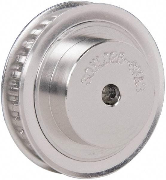 Power Drive - 30 Tooth, 1/4" Inside x 1.89" Outside Diam, Hub & Flange Timing Belt Pulley - 1/4" Belt Width, 1.91" Pitch Diam, 0.438" Face Width, Aluminum - USA Tool & Supply