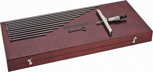 Starrett - 0 to 12" Range, 12 Rod, Satin Chrome Finish Mechanical Depth Micrometer - Ratchet Stop Thimble, 6" Base Length, 0.001" Graduation, 5/32" Rod Diam - USA Tool & Supply