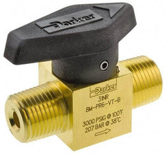 Parker - 1/2" Pipe, 3,000 psi WOG Rating, Brass, Inline, One Way Instrumentation Plug Valve - Wedge Handle, MNPT x MNPT End Connections, Viton Seal - USA Tool & Supply