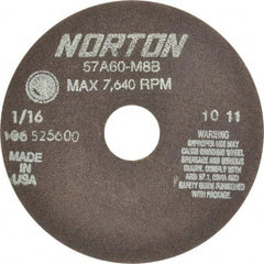 Norton - 6" 60 Grit Aluminum Oxide Cutoff Wheel - 1/16" Thick, 1-1/4" Arbor, 7,640 Max RPM, Use with Stationary Grinders - USA Tool & Supply