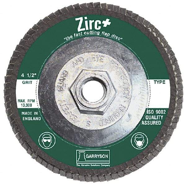 Garryson - 80 Grit, 7" Disc Diam, 5/8-11 Center Hole, Type 29 Zirconia Alumina Flap Disc - 8,600 Max RPM, Fiberglass Backing, Arbor Attaching System, Coated - USA Tool & Supply