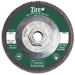 Garryson - 80 Grit, 7" Disc Diam, 5/8-11 Center Hole, Type 29 Zirconia Alumina Flap Disc - 8,600 Max RPM, Fiberglass Backing, Arbor Attaching System, Coated - USA Tool & Supply