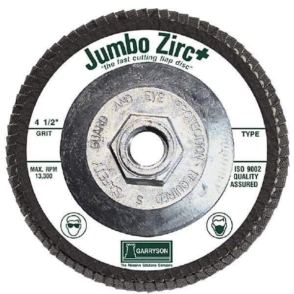 Garryson - 40 Grit, 7" Disc Diam, 5/8-11 Center Hole, Type 29 Zirconia Alumina Flap Disc - 8,600 Max RPM, Fiberglass Backing, Arbor Attaching System, Coated - USA Tool & Supply