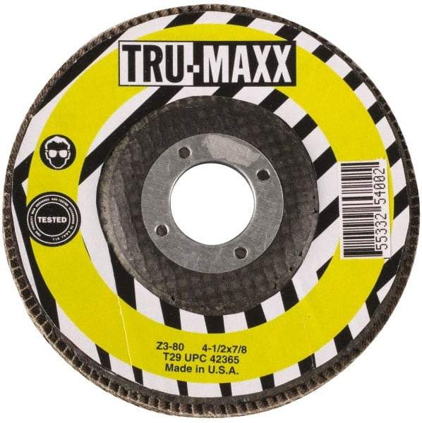 Tru-Maxx - 80 Grit, 4-1/2" Disc Diam, 5/8-11 Center Hole, Type 29 Flap Disc - 13,300 Max RPM, Arbor Attaching System, Coated - USA Tool & Supply
