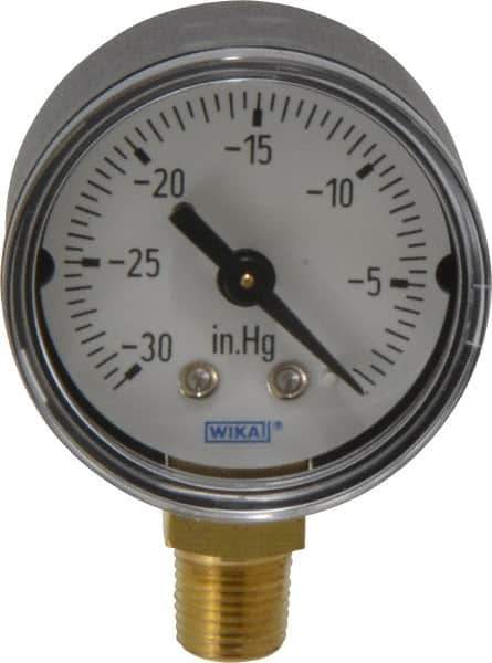 Wika - 1-1/2" Dial, 1/8 Thread, 30-0 Scale Range, Pressure Gauge - Lower Connection Mount, Accurate to 3-2-3% of Scale - USA Tool & Supply