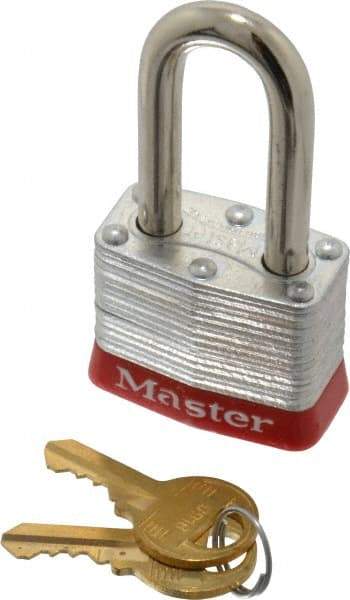 Master Lock - Keyed Alike Retaining Key Conductive Lockout Padlock - 1-1/2" Shackle Clearance, 9/32" Shackle Diam, 1-1/4" Body Height x 1-9/16" Body Width, Red, 4 Pins - USA Tool & Supply