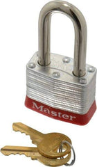 Master Lock - Keyed Alike Retaining Key Conductive Lockout Padlock - 1-1/2" Shackle Clearance, 9/32" Shackle Diam, 1-1/4" Body Height x 1-9/16" Body Width, Red, 4 Pins - USA Tool & Supply