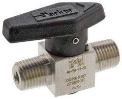 Parker - 1/8" Pipe, 3,000 psi WOG Rating, 316 Stainless Steel, Inline, One Way Instrumentation Plug Valve - Wedge Handle, MNPT x MNPT End Connections, Viton Seal - USA Tool & Supply