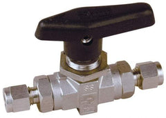 Parker - 1/2" Pipe, Stainless Steel, Inline, Two Way Flow, Instrumentation Ball Valve - 6,000 psi WOG Rating, Wedge Handle, PTFE Seal, PTFE Seat - USA Tool & Supply