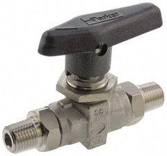 Parker - 1/8" Pipe, MNPT x MNPT End Connections, Stainless Steel, Inline, Two Way Flow, Instrumentation Ball Valve - 6,000 psi WOG Rating, Wedge Handle, PTFE Seal, PTFE Seat - USA Tool & Supply