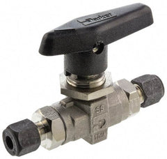 Parker - 1/8" Pipe, Compression x Compression CPI End Connections, Stainless Steel, Inline, Two Way Flow, Instrumentation Ball Valve - 6,000 psi WOG Rating, Wedge Handle, PTFE Seal, PTFE Seat - USA Tool & Supply