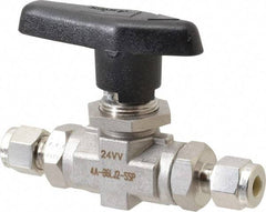 Parker - 1/4" Pipe, Stainless Steel, Inline, Two Way Flow, Instrumentation Ball Valve - 6,000 psi WOG Rating, Wedge Handle, PTFE Seal, PTFE Seat - USA Tool & Supply