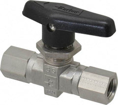 Parker - 1/4" Pipe, FNPT x FNPT End Connections, Stainless Steel, Inline, Two Way Flow, Instrumentation Ball Valve - 6,000 psi WOG Rating, Wedge Handle, PTFE Seal, PTFE Seat - USA Tool & Supply