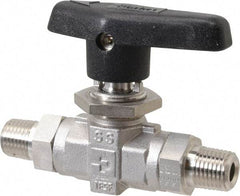 Parker - 1/4" Pipe, MNPT x MNPT End Connections, Stainless Steel, Inline, Two Way Flow, Instrumentation Ball Valve - 6,000 psi WOG Rating, Wedge Handle, PTFE Seal, PTFE Seat - USA Tool & Supply